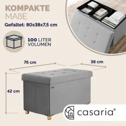 Bænk grå fløjl 76x38x42cm foldbar med opbevaringsplads
