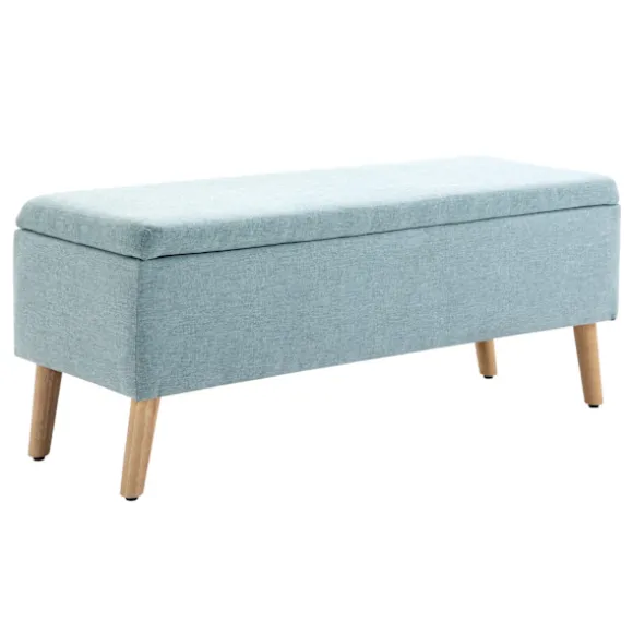 Bænk I Lysegrøn Polstret Bænk Med Opbevaringsplads, Hørlignende Polyester, Gummitræ, Skandinavisk Design, 110X39X45Cm