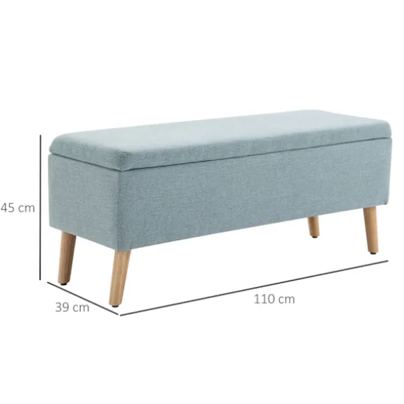 Bænk I Lysegrøn Polstret Bænk Med Opbevaringsplads, Hørlignende Polyester, Gummitræ, Skandinavisk Design, 110X39X45Cm