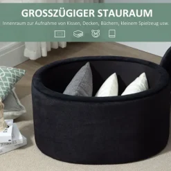 Bænk I Sort Moderne Polstret Bænk Med Opbevaringsplads, Fløjlsagtig Polyester, Gummitræ, Oval Form, 71X52X42Cm