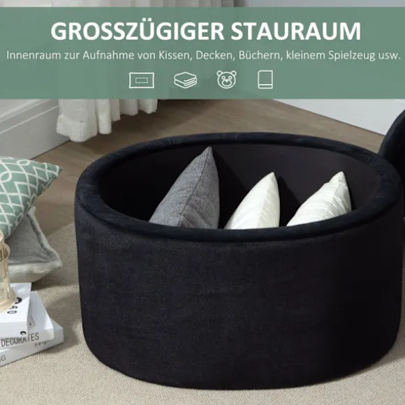 Bænk I Sort Moderne Polstret Bænk Med Opbevaringsplads, Fløjlsagtig Polyester, Gummitræ, Oval Form, 71X52X42Cm