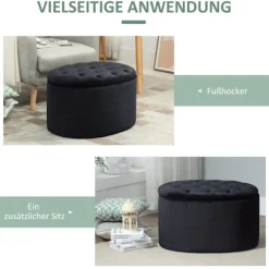 Bænk I Sort Moderne Polstret Bænk Med Opbevaringsplads, Fløjlsagtig Polyester, Gummitræ, Oval Form, 71X52X42Cm