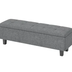 Bænk med opbevaringsplads, polstret bænk med hørlook, træben, moderne sengebænk til entre, soveværelse, stue, 138 x 40 x 45 cm, mørkegrå