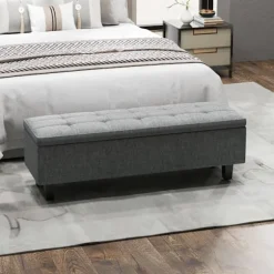 Bænk med opbevaringsplads, polstret bænk med hørlook, træben, moderne sengebænk til entre, soveværelse, stue, 138 x 40 x 45 cm, mørkegrå