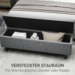 Bænk med opbevaringsplads, polstret bænk med hørlook, træben, moderne sengebænk til entre, soveværelse, stue, 138 x 40 x 45 cm, mørkegrå