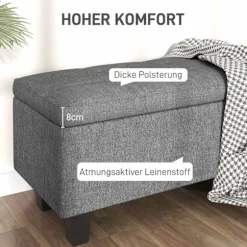 Bænk med opbevaringsplads, polstret bænk med hørlook, træben, moderne sengebænk til entre, soveværelse, stue, 138 x 40 x 45 cm, mørkegrå