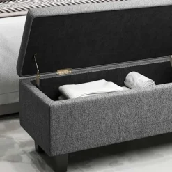 Bænk med opbevaringsplads, polstret bænk med hørlook, træben, moderne sengebænk til entre, soveværelse, stue, 138 x 40 x 45 cm, mørkegrå