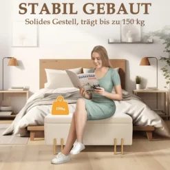 Bænk med opbevaringsplads, polstret bænk med fløjlslook, kiste med træben, kistebænk til stue, soveværelse, entre, 100 x 40 x 42 cm, beige
