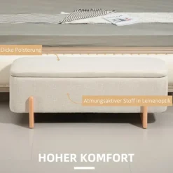 Bænk med opbevaringsplads, polstret bænk med hørlook, træben, sengebænk med sikkerhedshængsler til stue, soveværelse, entre
