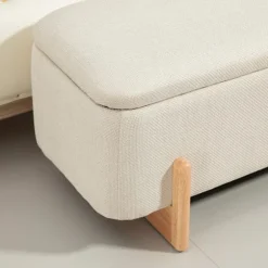 Bænk med opbevaringsplads, polstret bænk med hørlook, træben, sengebænk med sikkerhedshængsler til stue, soveværelse, entre