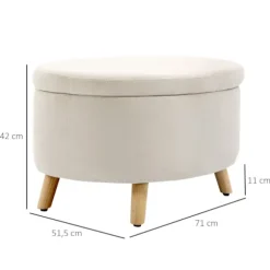 Bænk med opbevaringsplads, oval polstret bænk med låg, sengebænk med fløjlslook, til entre, soveværelse, stue, træben 71 x 51,5 x 42 cm beige