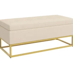 Bænk Med Opbevaringsplads, Polstret Bænk Med Foldelåg I Fløjlslook, Sengebænk Med Stålben, Beige, 110X44X49Cm