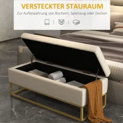 Bænk Med Opbevaringsplads, Polstret Bænk Med Foldelåg I Fløjlslook, Sengebænk Med Stålben, Beige, 110X44X49Cm