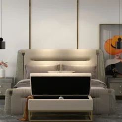 Bænk Med Opbevaringsplads, Polstret Bænk Med Foldelåg I Fløjlslook, Sengebænk Med Stålben, Beige, 110X44X49Cm