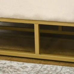 Bænk Med Opbevaringsplads, Polstret Bænk Med Foldelåg I Fløjlslook, Sengebænk Med Stålben, Beige, 110X44X49Cm