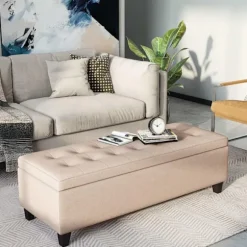 Bænk, polstret bænk med opbevaringsplads, sengebænk med låg, linnedlook, kistebænk, opbevaringsbænk til stue, soveværelse, beige