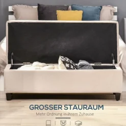 Bænk, polstret bænk med opbevaringsplads, sengebænk med låg, linnedlook, kistebænk, opbevaringsbænk til stue, soveværelse, beige