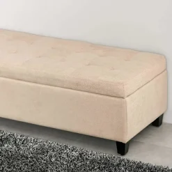Bænk, polstret bænk med opbevaringsplads, sengebænk med låg, linnedlook, kistebænk, opbevaringsbænk til stue, soveværelse, beige