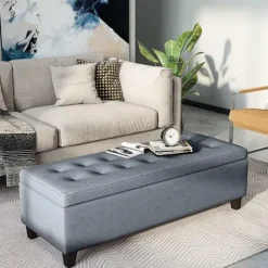 Bænk, Polstret Bænk Med Opbevaringsplads, Sengebænk Med Låg, Linnedlook, Brystbænk, Opbevaringsbænk Til Stue, Soveværelse, Grå