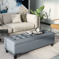 Bænk, Polstret Bænk Med Opbevaringsplads, Sengebænk Med Låg, Linnedlook, Brystbænk, Opbevaringsbænk Til Stue, Soveværelse, Grå