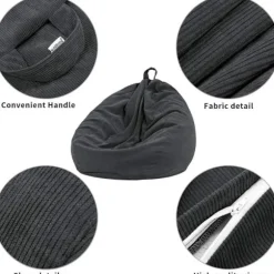 Bønnepose-stolbetræk (uden fyld) til børn og voksne, Bønneposeopbevaring Vaskbar Blød Premium Corduroy Legetøjs Bønneposebetræk Dark gray 80*90CM