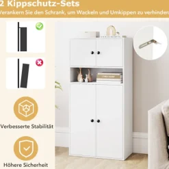 Bogreol med 4 døre, justerbar hylde, anti-tip, hvid