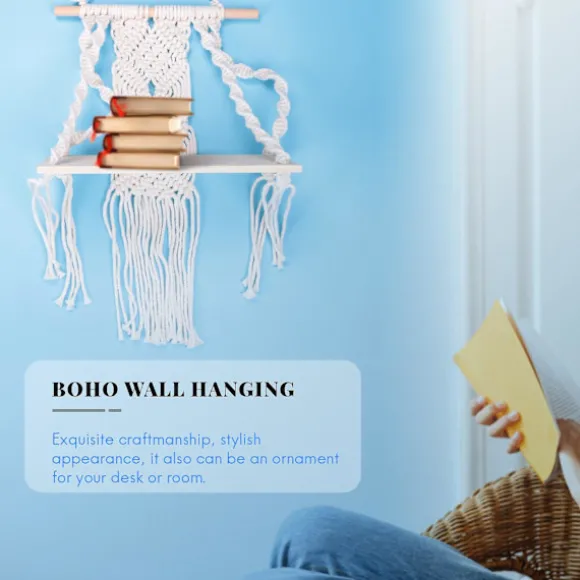 Boho Macrame Væghængt Hylde Håndlavet Vævet Kvaster Gobelin Rack Træ Flydende Opbevarings Hænger Fo