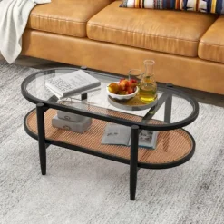 Bord - COSTWAY - Oval 2 niveauer - Ramme i sort træ - Plade i hærdet glas - Rattan hylde PE Sort og brun