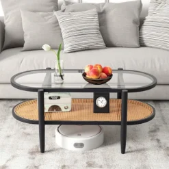 Bord - COSTWAY - Oval 2 niveauer - Ramme i sort træ - Plade i hærdet glas - Rattan hylde PE Sort og brun