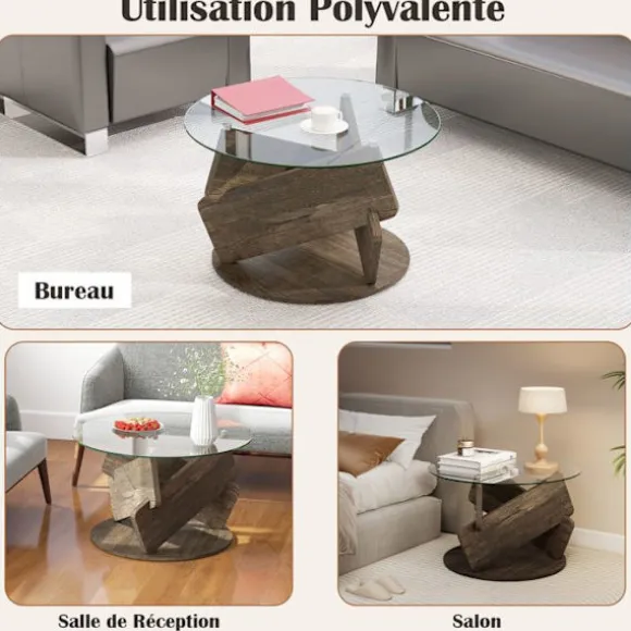 Bord Rund 81 cm COSTWAY, Top i Tempereret Glas, Ben i Gummitræ, Sofabord til Kontor Værelse, Grå Grå