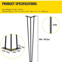 Bordben - DUOKU - 86,3 cm - Sæt af 4 - Kulstofstål - Kapacitet 220 lb - Sort