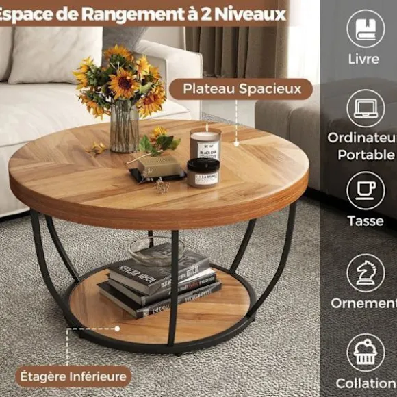 Bordplade 80 cm med 2 niveauer COSTWAY, metalramme, rund sidebord i træ til stue, naturlig Naturlig