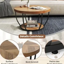 Bordplade 80 cm med 2 niveauer COSTWAY, metalramme, rund sidebord i træ til stue, naturlig Naturlig