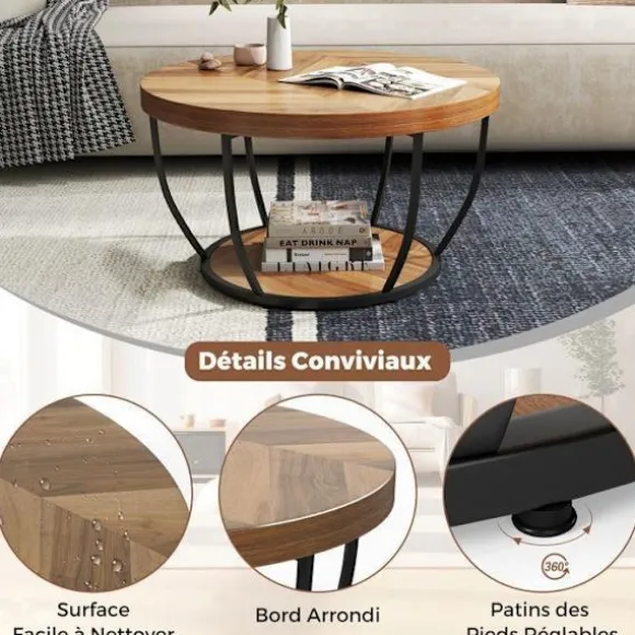 Bordplade 80 cm med 2 niveauer COSTWAY, metalramme, rund sidebord i træ til stue, naturlig Naturlig
