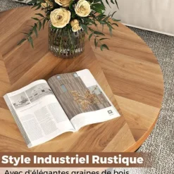 Bordplade 80 cm med 2 niveauer COSTWAY, metalramme, rund sidebord i træ til stue, naturlig Naturlig