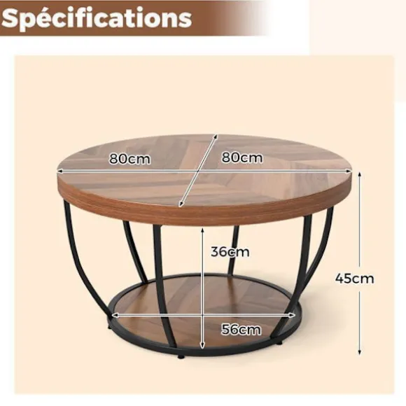 Bordplade 80 cm med 2 niveauer COSTWAY, metalramme, rund sidebord i træ til stue, naturlig Naturlig