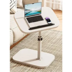 Bærbar bord med hjul, højdejusterbart sengebord med drejelig plade, sidebord C-form White
