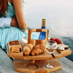 Bærbart ostebord i træ, frugtbakke, fad til nødder og vin