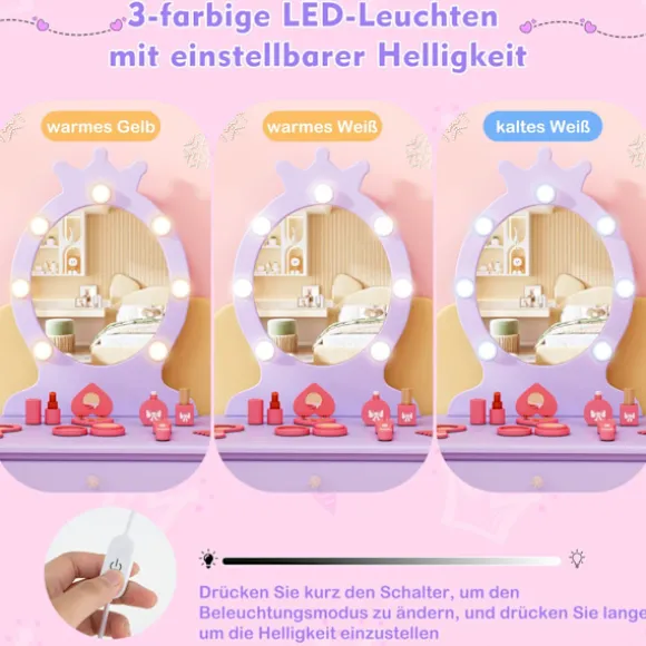 Børne sminkebord med aftageligt spejl og LED-lys
