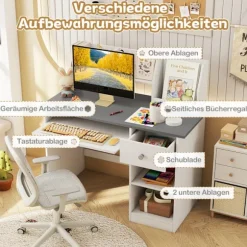 Børnebord i træ med hylder og tastaturbakke