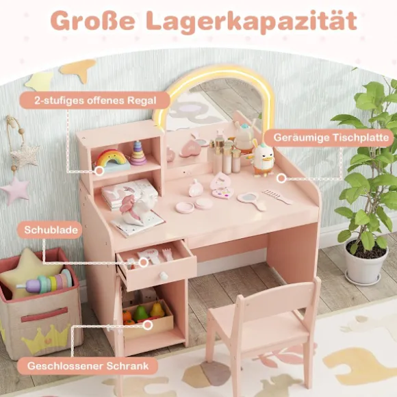 Børnemøbelsæt med LED-spejl, skammel og opbevaring