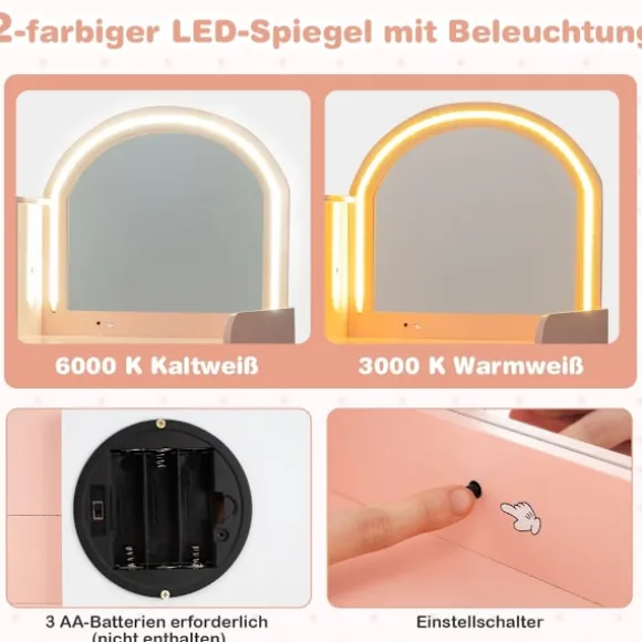 Børnemøbelsæt med LED-spejl, skammel og opbevaring