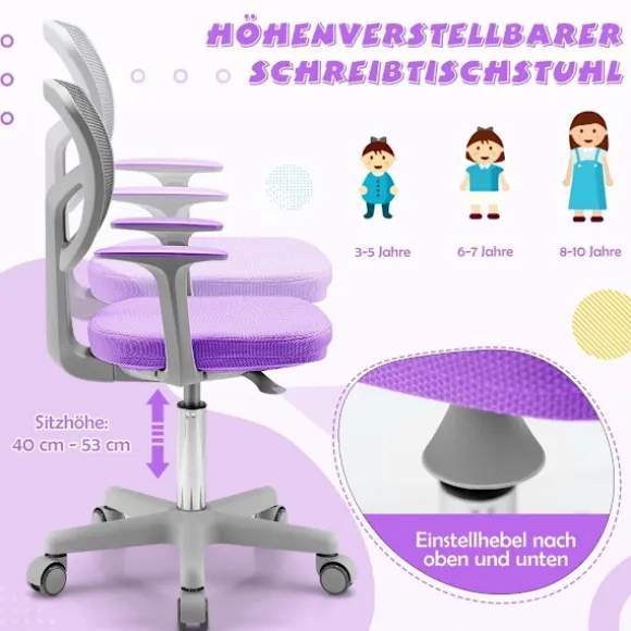 Børneskrivebordsstol 360° drejelig ungdomsstol 80-91,5 cm højdejusterbar 54 x 50 x 80-91,5 cm lilla