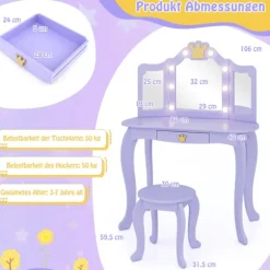 Børnespejl med lys, tredobbelt spejl, lilla