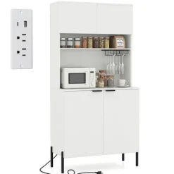 Buffet af køkken 164CM COSTWAY, lade station, vin glasholder, buffet med døre, justerbar hylde, til stue bar, hvid Vit