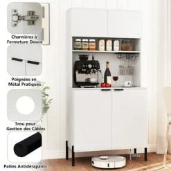 Buffet af køkken 164CM COSTWAY, lade station, vin glasholder, buffet med døre, justerbar hylde, til stue bar, hvid Vit