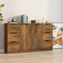 Buffet bas - Eksklusivt hus - Røget eg - Ingeniørtræ - Sæt med 3 dele (2x3 skuffer, 1x2 døre) Rökt ek