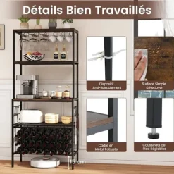 Buffet de Cuisine 165 cm Multi-Niveau COSTWAY, Stikdåse, Glas- og Krusholdere, 24 Flaskeholdere, 8 Kroge