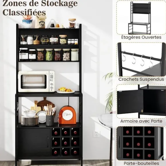 Buffet i Køkken med Strømstik COSTWAY, Vinflaskestativ, Metalramme, til Køkken Stue Spisestue, Sort Svart