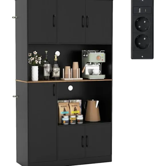Buffet i køkkenet 180 CM med opladningsstik fra COSTWAY med mikrobølgeovnsstativ, moderne kaffebar i træ, sort Svart